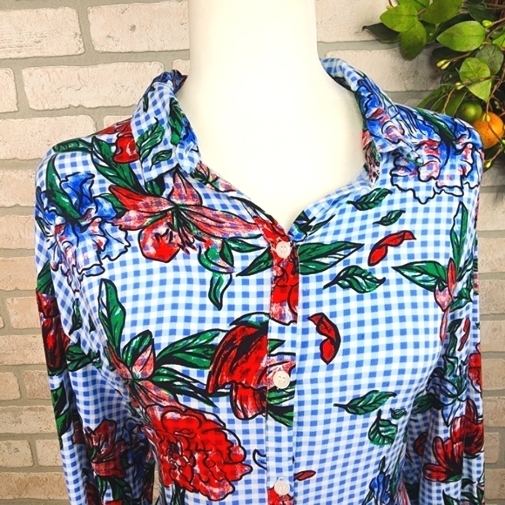 MASSINI Floral Button Up Long Sleeve Gingham Style Blouse Size L - Picture 8 of 9